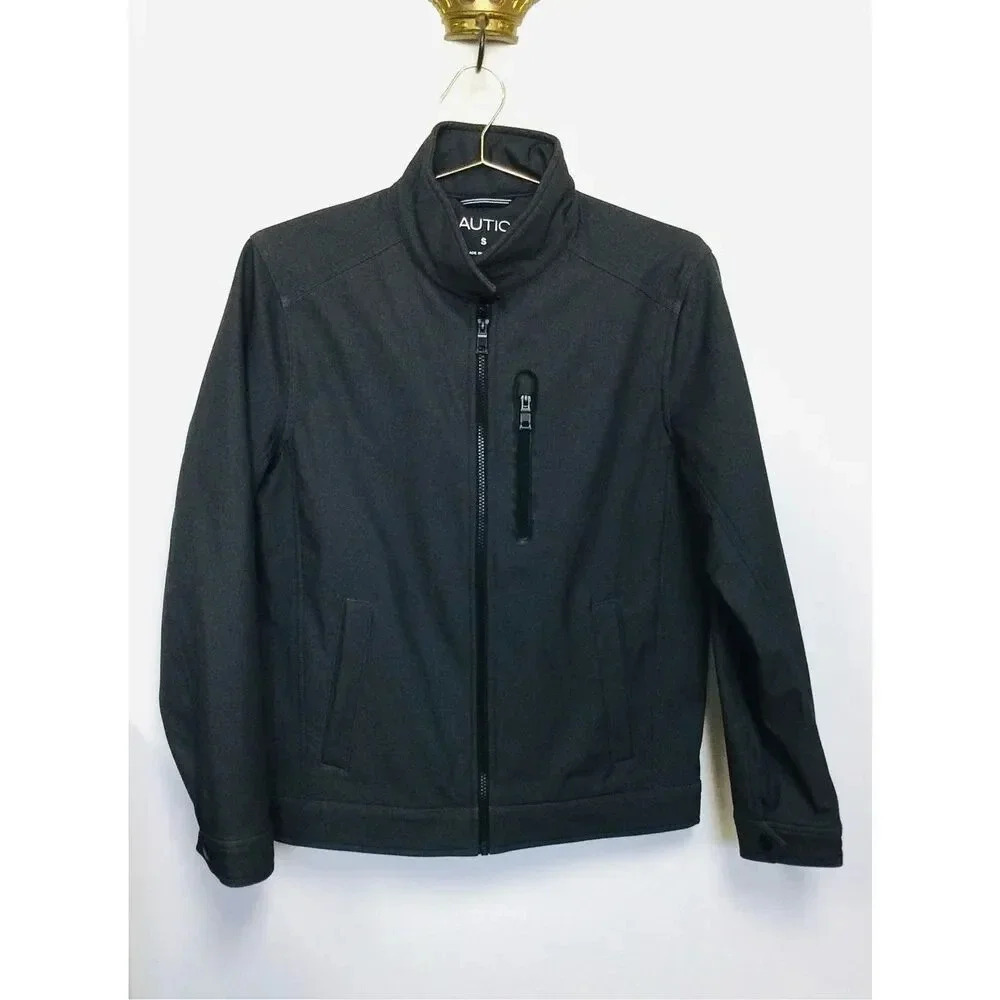 Nautica Mens Gray Collar Zip-Up Soft Shell Lined‎ Windbreaker Jacket Size Small